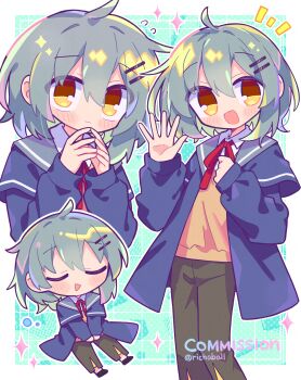 1other :d ahoge androgynous blue_jacket blue_sailor_collar blush border closed_eyes closed_mouth collared_shirt commentary_request commission flying_sweatdrops green_background green_hair green_pants hair_ornament hairclip hand_up highres jacket long_sleeves looking_at_viewer neck_ribbon notice_lines open_clothes open_jacket open_mouth original other_focus outline outside_border own_hands_together pants ribbon richard_(richaball) sailor_collar school_uniform shirt short_hair skeb_commission smile solo twitter_username white_border white_outline white_shirt yellow_eyes