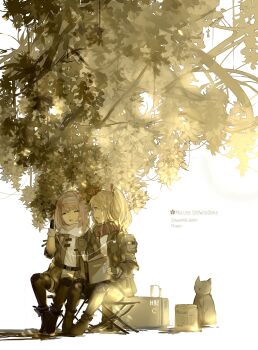 2girls :d belt biscuit black_legwear blonde_hair blue_eyes book branch buckle cat character_name closed_eyes coat commentary_request cup dappled_sunlight mp3_player earphones fingerless_gloves flower food full_body gloves glowing glowworm_(warship_girls_r) hair_ribbon hairband highres holding holding_book javelin_(warship_girls_r) knee_pads looking_at_another mug multiple_girls open_clothes open_coat open_mouth pink_hair plant red_ribbon ribbon scarf shadow sharing shirt shoes shorts sitting smile stool striped_clothes striped_scarf sunlight text_focus tongue twintails warship_girls_r white_background white_scarf white_shirt yi_yu