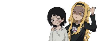 2girls black_eyes black_hair blonde_hair blood blood_in_hair blood_on_face bruise crying daikon_keroi highres injury kirarazaka_marina kuze_shizuka long_hair multiple_girls shirt simple_background t-shirt takopii_no_genzai white_background yellow_eyes
