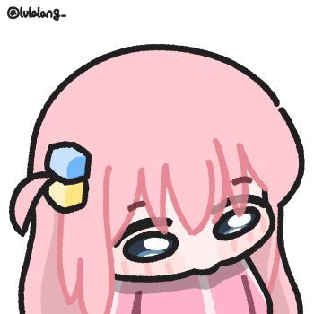 1girl artist_name blue_eyes blush_stickers bocchi_the_rock! chibi commentary cube_hair_ornament english_commentary from_above gotoh_hitori hair_ornament highres jacket lulalang one_side_up pink_jacket simple_background solo track_jacket twitter_username upper_body white_background