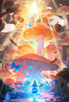 1girl absurdres acorn alice's_adventures_in_wonderland alice_(alice_in_wonderland) blonde_hair blue_dress bug butterfly card castle cat commentary_request dress falling_petals fantasy giant_mushroom hedgehog highres insect key long_hair makoron117117 mushroom petals playing_card pocket_watch rabbit river scenery solo watch water waterfall