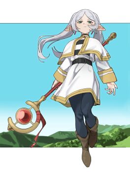 Rule 34 | 1girl, absurdres, belt, black belt, black pantyhose, boots, border, brown boots, capelet, closed mouth, commentary, earrings, elf, floating, frieren, full body, gold trim, green eyes, grey hair, highres, holding, holding staff, jacket, jewelry, lewdrawings, long hair, outdoors, pantyhose, parted bangs, pointy ears, shirt, skirt, solo, sousou no frieren, staff, striped clothes, striped shirt, twintails, white border, white capelet, white jacket, white skirt