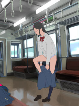 1girl black_hair black_shoes blue_jacket blue_panties blue_skirt blue_socks bow closed_eyes clothes_pull day door exhibitionism full_body hair_ornament highres jacket jukkaku_komado kneehighs leg_up loafers long_hair long_sleeves original panties public_indecency school_uniform seat shirt shoes single_shoe skirt skirt_pull socks solo standing standing_on_one_leg train_interior underwear undressing unworn_jacket unworn_shoes white_shirt window