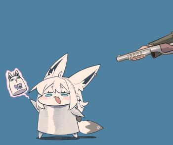 1girl 1other :3 ahoge animal_ear_fluff animal_ears aqua_eyes blue_background bow braid cocomayo29_(tomato) earrings fang fox_ears fox_girl fox_tail gameplay_mechanics gun hair_between_eyes highres hololive jewelry light_blush miteiru_(shirakami_fubuki) open_mouth pentagram r.e.p.o. semibot shirakami_fubuki shotgun simple_background single_braid single_earring tail virtual_youtuber weapon white_hair