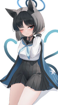 1girl absurdres animal_ear_fluff animal_ears arm_behind_back backlighting black_choker black_eyes black_hair black_ribbon black_sailor_collar black_skirt blue_archive blue_halo blue_haori blue_neckerchief blunt_ends blush bob_cut bright_pupils cat_ears cat_girl cat_tail choker closed_mouth commentary cowboy_shot eyelashes eyeshadow halo hand_up haori heart_tail_duo highres japanese_clothes kikyou_(blue_archive) long_sleeves lunar_(pixiv53683306) makeup medium_hair miniskirt multiple_tails neck_ribbon neckerchief one_eye_closed pleated_skirt red_eyeshadow ribbon sailor_collar school_uniform serafuku shirt simple_background sitting skirt solo split_mouth straight_hair tail tail_raised tsurime two_tails white_background white_pupils white_shirt