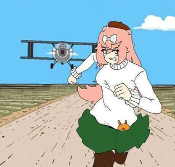 1girl ai-generated_art_(topic) aircraft airplane archives.gokulism beret biplane blue_sky brown_thighhighs cloud cosplay day family_guy field green_skirt hat lowres military_vehicle north_by_northwest path peter_griffin peter_griffin_(ai-gen) peter_griffin_(cosplay) pink_eyes pink_hair propeller propeller_fighter road running screenshot_background skirt sky solo sweater thighhighs white_sweater