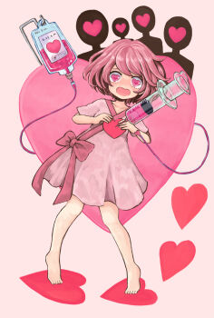 1girl barefoot blush commentary dress eyelashes full_body heart heart-shaped_pupils highres injection intravenous_drip liquid needle open_mouth original pink_eyes pink_hair pink_liquid pink_theme standing symbol-shaped_pupils tiptoes tomoco9