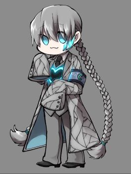 1girl :3 armband blue_eyes chibi coat crystal e.g.o_(project_moon) employee_(project_moon) grey_armband grey_background grey_coat grey_jacket grey_pants highres jacket lobotomy_corporation looking_at_viewer nugget_(project_moon) pants project_moon simple_background solo sound_of_a_star_(e.g.o) yatsumeunagi