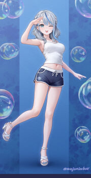 1girl ;p absurdres amagai_ruka arm_up armpits bare_arms bare_legs bare_shoulders blue_eyes blue_nails blue_shorts braid breasts bubble camisole commentary_request crop_top dolphin_shorts earrings full_body grey_hair high_heels highres jewelry large_breasts leg_up long_hair looking_at_viewer midriff multicolored_hair nail_polish navel one_eye_closed open_mouth salute sandals shirt short_shorts shorts sleeveless sleeveless_shirt smile solo standing standing_on_one_leg streaked_hair thighs toenail_polish toenails tongue tongue_out virtual_youtuber wajuniorbox weather_planet white_sandals white_shirt