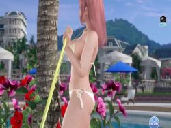 1girl animated bikini bouncing_breasts breasts brown_eyes dead_or_alive dead_or_alive_xtreme dead_or_alive_xtreme_venus_vacation female_focus game_screenshot honoka_(doa) hoop hula_hoop outdoors pink_hair poolside solo sound swimsuit tecmo video video_game_screencap white_bikini