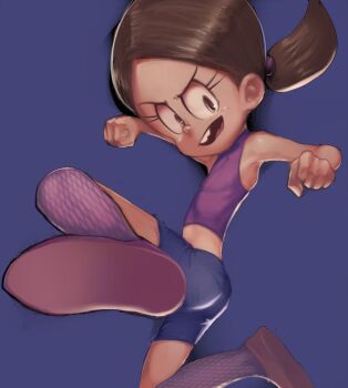 1girl angry ass black_eyes black_hair blue_background blue_shorts brown_shoes buck_teeth conoghi dark_skin flat_chest flying_kick freckles jumping kicking kneehighs loli long_hair low_ponytail midriff nickelodeon open_mouth ponytail purple_shirt purple_socks ronnie_anne_santiago shirt shoes shorts sleeveless sleeveless_shirt socks teeth the_casagrandes the_loud_house
