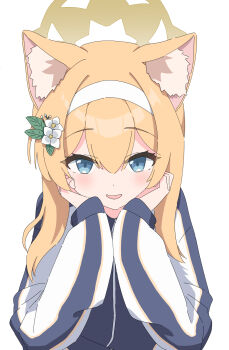 1girl :d animal_ear_fluff animal_ears black_jacket blue_archive blue_eyes blush cat_ears cat_girl commentary curled_fingers dot_nose double-parted_bangs eyelashes flower gym_uniform hachimaki hair_between_eyes hair_flower hair_intakes hair_ornament halo hands_on_own_cheeks hands_on_own_face headband highres jacket leaf_hair_ornament long_hair long_sleeves looking_at_viewer mari_(blue_archive) mari_(track)_(blue_archive) multicolored_jacket nyan_(float_495) official_alternate_costume open_mouth orange_hair raised_eyebrows sidelocks simple_background sleeves_past_wrists smile solo straight_hair track_jacket two-tone_jacket upper_body white_background white_flower white_headband white_jacket yellow_halo zipper zipper_pull_tab
