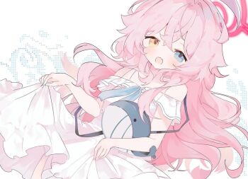 Rule 34 | 1girl, alternate costume, artist name, ben-day dots, blue archive, blue bow, blue bowtie, blue eyes, bow, bowtie, commentary, cowboy shot, crossed bangs, dress, dutch angle, fang, floating hair, halo, heterochromia, holding, holding stuffed toy, hoshino (blue archive), imaichichan, instagram username, light blush, long hair, looking at viewer, messy hair, no nose, off-shoulder dress, off shoulder, open mouth, pink hair, pink halo, screentones, see-through strap, skin fang, skirt hold, sleeveless, sleeveless dress, solo, stuffed animal, stuffed toy, stuffed whale, sundress, twitter username, white background, white dress, yellow eyes