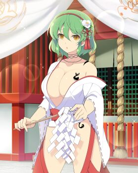 1girl :o architecture bow breast_tattoo breasts chinese_knot cleavage collarbone convenient_censoring east_asian_architecture flower gohei green_hair groin hair_between_eyes hair_flower hair_ornament hairband hakama highres hikage_(senran_kagura) hip_tattoo holding holding_gohei japanese_clothes large_breasts lattice lens_flare looking_at_viewer miko navel neck_tattoo non-web_source nontraditional_miko official_art open_mouth red_bow red_hairband red_hakama ribbon-trimmed_sleeves ribbon_trim rope senran_kagura senran_kagura_new_wave senran_kagura_shoujo-tachi_no_shin&#039;ei shide shimenawa shiny_skin shrine slit_pupils snake_tattoo solo sparkle tassel tassel_hair_ornament tattoo wardrobe_malfunction yellow_eyes