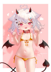 1girl absurdres ahoge animal_ears belt_collar bikini borrowed_character cameltoe collar commentary_request cowboy_shot demon_girl demon_horns demon_tail demon_wings detached_wings fangs flat_chest front-tie_bikini_top front-tie_top gluteal_fold gold_bikini grey_hair hair_ornament hands_up heart heart_ahoge highres horns karv loli looking_at_viewer navel open_mouth original pink_background pubic_tattoo red_collar red_eyes red_horns red_tail red_wings short_hair side-tie_bikini_bottom skin_fangs solo string_bikini swimsuit tail tattoo wings