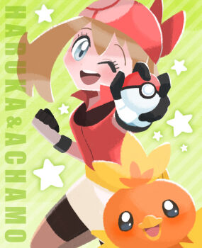 1girl bandana bike_shorts bike_shorts_under_skirt black_shorts blue_eyes blush brown_hair character_name commentary_request diagonal-striped_background eyelashes gen_3_pokemon gloves green_background holding holding_poke_ball may_(pokemon) medium_hair naco_oekaki nintendo one_eye_closed open_mouth poke_ball poke_ball_(basic) pokemon pokemon_(creature) pokemon_rse red_bandana red_shirt shirt shorts skirt smile star_(symbol) striped_background teeth torchic upper_teeth_only white_skirt