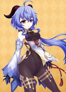 1girl absurdres ahoge bare_shoulders bell black_leotard black_pantyhose breasts covered_navel cowbell detached_sleeves entenca ganyu_(genshin_impact) genshin_impact gloves highleg highleg_leotard highres horns jewelry leotard leotard_under_clothes long_sleeves low_ponytail neck_bell pantyhose ponytail purple_eyes purple_hair small_breasts smile solo thighlet thighs wide_sleeves