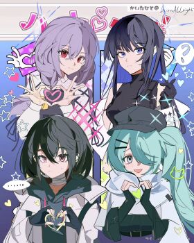 4girls aqua_hair arius_squad_(blue_archive) atsuko_(blue_archive) black_hair blue_archive blue_hair finger_heart gloves halo heart heart_hands highres hiyori_(blue_archive) jinfeng0430 long_sleeves misaki_(blue_archive) multiple_girls purple_hair saori_(blue_archive) translation_request twitter_username upper_body