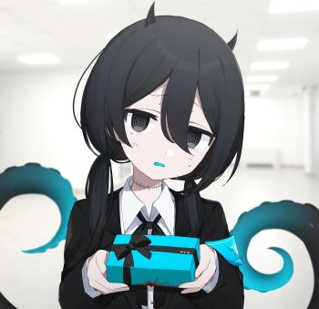 Rule 34 | 1girl, armband, black bow, black eyes, black hair, black jacket, black ribbon, blood, blue armband, blue tongue, blurry, blurry background, bow, box, collared shirt, colored tongue, commentary request, gift, gift box, gradient tentacles, highres, holding, holding gift, horns, indie virtual youtuber, indoors, jacket, long hair, long sleeves, looking at viewer, low twintails, neck ribbon, pale skin, ribbon, ringed eyes, shirt, small sweatdrop, solo, stitched neck, stitches, sweat, tentacles, twintails, valentine, virtual youtuber, white shirt, yamata ia, yamata ia (artist)