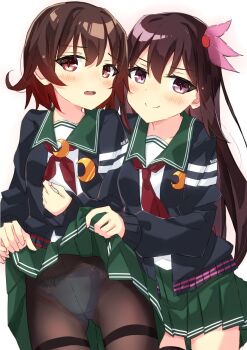 2girls beritabo blue_panties brown_hair brown_pantyhose commentary_request crescent crescent_pin embarrassed gradient_hair green_sailor_collar green_skirt hair_ornament highres jacket kantai_collection kisaragi_(kancolle) kisaragi_kai_ni_(kancolle) lifted_from_behind long_hair long_sleeves looking_at_viewer multicolored_hair multiple_girls mutsuki_(kancolle) mutsuki_kai_ni_(kancolle) neckerchief open_mouth panties panties_under_pantyhose pantyhose pleated_skirt purple_eyes red_hair red_neckerchief sailor_collar school_uniform serafuku short_hair skirt smile thighband_pantyhose thighhighs underwear