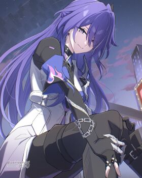 1girl absurdres acheron_(honkai:_star_rail) alternate_costume asiri_senpai asymmetrical_legwear black_boots black_choker black_shirt boots chain chain_around_arm choker closed_mouth coat earrings from_below hair_over_one_eye highres honkai:_star_rail honkai_(series) jewelry knee_boots long_hair looking_at_viewer outdoors purple_eyes purple_hair purple_sky shirt single_knee_boot single_thigh_boot sitting sky smile solo thigh_boots white_coat