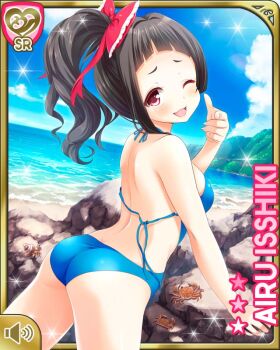 1girl ;d alternate_hairstyle ass back bare_shoulders blue_one-piece_swimsuit blunt_bangs bow breasts brown_hair camera card_(medium) character_name girlfriend_(kari) hair_bow isshiki_airu large_breasts legs looking_at_viewer looking_back monokini ocean official_art one-piece_swimsuit one_eye_closed open_mouth pointing pointing_at_viewer ponytail qp:flapper raised_inner_eyebrows red_bow red_eyes smile solo swimsuit thighs untied_swimsuit