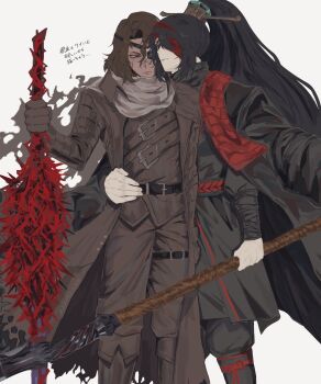 2boys bandage_over_one_eye bandaged_arm bandages belt black_bandages black_belt black_boots black_coat black_eyes black_hair black_hanfu boots brown_boots brown_coat brown_hair brown_pants brown_vest chinese_clothes coat coat_on_shoulders commentary_request cowboy_shot curtained_hair eyepatch gloves grabbing_another's_stomach hair_between_eyes hanfu heathcliff_(project_moon) high_ponytail highres holding holding_polearm holding_sword holding_weapon hong_lu_(project_moon) hongyuan_(identity)_(project_moon) limbus_company long_hair looking_at_viewer medium_hair multiple_boys official_alternate_costume open_clothes open_coat pants polearm ponytail project_moon purple_eyes red_bandage red_sash sash scar scar_on_face scar_on_nose scarf stole sword teihen_do_9981 translation_request vest weapon wuthering_heights_(identity)_(project_moon)