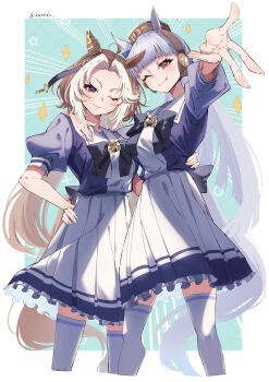 2girls absurdres ahoge animal_ears blunt_bangs blunt_ends bow bowtie brown_hair brown_hat commentary_request ear_covers ear_ornament emphasis_lines feet_out_of_frame frilled_skirt frills gold_ship_(umamusume) gyaru_v hair_intakes hand_on_another&#039;s_hip hand_on_own_hip hat head_tilt headgear highres horse_ears horse_girl horse_tail koroeda6 long_hair multiple_girls one_eye_closed orfevre_(umamusume) pillbox_hat pleated_skirt puffy_short_sleeves puffy_sleeves purple_bow purple_bowtie purple_eyes purple_hair purple_shirt red_eyes sailor_collar sailor_shirt school_uniform shirt short_sleeves single_ear_cover skirt summer_uniform tail thighhighs tongue tongue_out tracen_school_uniform twitter_username umamusume v waist_bow white_hair white_sailor_collar white_skirt white_thighhighs