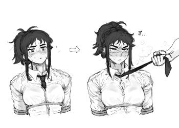 Rule 34 | 1girl, 1other, annoyed, bdsm, between breasts, blush, bondage, bound, breasts, chainsaw man, closed mouth, clothes grab, collared shirt, cropped torso, greyscale, highres, korean commentary, long sleeves, medium breasts, medium hair, monochrome, multiple views, necktie, necktie between breasts, necktie grab, neckwear grab, oladohamm, parted lips, ponytail, scar, scar on face, shirt, sidelocks, simple background, solo focus, sweat, tendou michiko, very sweaty, wet, wet clothes, wet shirt