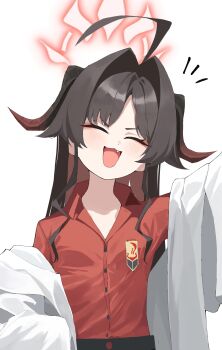 1girl absurdres antenna_hair black_hair blue_archive blush closed_eyes coat djan halo highres kasumi_(blue_archive) lab_coat red_shirt shirt smile solo twitter upper_body white_coat
