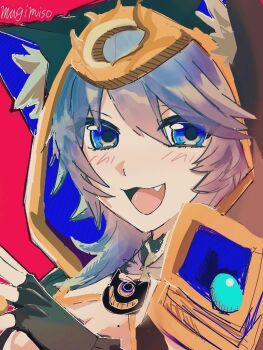 1girl animal_ear_fluff animal_ears animal_hood blue_eyes blush cat_ears cat_girl cat_hood charm_(object) cipher_(honkai:_star_rail) commentary fang fingerless_gloves gloves grey_hair honkai:_star_rail honkai_(series) hood mole mugimiso_2525 pink_background smile