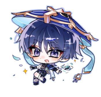 Rule 34 | 1boy, armor, black bodysuit, black bow, black sandals, black shorts, blue cape, blue gemstone, blue hat, blunt ends, bodysuit, bow, bridal gauntlets, cape, chibi, chibi only, commentary request, eyeliner, eyeshadow, feathers, full body, gem, genshin impact, gold, gold ring, grey bridal gauntlets, grey hair, hakama, hakama shorts, hat, highres, japanese armor, japanese clothes, jingasa, korean commentary, kote, kurokote, leg warmers, looking at viewer, makeup, male focus, mandarin collar, middle ring, open hands, open mouth, outstretched arms, pleated shorts, pom pom (clothes), purple eyes, red eyeliner, red eyeshadow, sandals, scaramouche (genshin impact), shorts, solo, spread arms, tassel, tmzkfkdwk, tsurime, vortex, wanderer (genshin impact), white background, white leg warmers, wispy bangs, yellow feathers, zouri