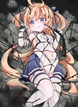 1girl ahoge arakawa_bokujou armpits arms_up blonde_hair blue_eyes blue_ribbon blue_skirt breasts breath clothing_cutout covered_erect_nipples elbow_gloves gloves highres leotard loli long_hair low_twintails lying navel navel_cutout on_back original plant pleated_skirt restrained ribbon showgirl_skirt skirt slime_(substance) small_breasts solo stomach tentacles thighhighs thighs twintails two_side_up very_long_hair vines white_gloves white_leotard white_thighhighs