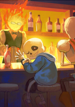 3boys absurdres bar_(place) black-framed_eyewear black_bow black_bowtie black_shorts black_vest blue_jacket bottle bow bowtie elbow_on_table fire glasses grillby highres holding hood hoodie jacket looking_at_viewer male_focus multiple_boys one_eye_closed papyrus_(undertale) sans_(undertale) shirt shorts sitting skeleton slippers smile teeth undertale utdr_(toby_fox) valve_core vest white_shirt
