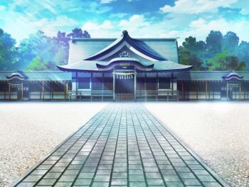 artist_request blue_sky cloud day fence game_cg magia_record:_mahou_shoujo_madoka_magica_gaiden mahou_shoujo_madoka_magica no_humans official_art outdoors path road rope scenery shide shimenawa shrine sky tree