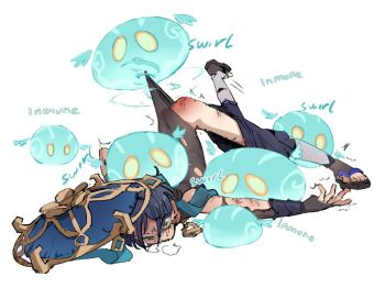 1boy beaten bishounen commentary english_commentary fingerless_gloves full_body genshin_impact gloves hat kenoru male_focus on_ground pain saliva sandals scar scaramouche_(genshin_impact) scars_all_over shota simple_background slime_(creature) sound_effects tears too_many torn_clothes wanderer_(genshin_impact) white_background