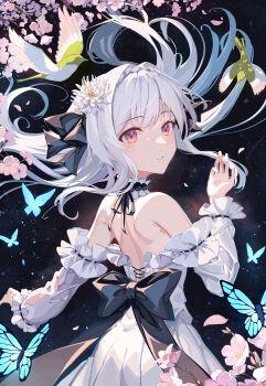 1girl absurdres arm_at_side back back_bow bare_shoulders bird black_background black_bow black_ribbon blue_butterfly bow braid bug butterfly cherry_blossoms choker coffee1223 commentary cowboy_shot crown_braid detached_sleeves dress floating_hair frilled_choker frilled_dress frilled_sleeves frills from_behind hair_between_eyes hair_intakes hand_up highres insect light_blush looking_at_viewer looking_back parted_lips red_eyes ribbon ribbon-trimmed_sleeves ribbon_trim sakurakouji_luna sidelocks simple_background solo standing strapless strapless_dress tsuki_ni_yorisou_otome_no_sahou white_bird white_dress white_hair white_sleeves