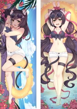 1girl :d animal_ear_fluff animal_ears armpits bare_arms bare_shoulders barefoot between_legs bikini bikini_under_clothes black_bikini blue_sky blush bound bound_wrists bow breasts brown_hair cat_ears cat_girl cat_tail cleavage cloud collarbone dakimakura_(medium) eyewear_on_head flower from_behind full_body gem green_eyes groin hair_bow hibiscus innertube karyl_(princess_connect!) karyl_(summer)_(princess_connect!) long_hair looking_at_viewer lying micro_shorts midriff moeanime multicolored_hair navel ocean on_back on_side open_clothes open_mouth open_shorts princess_connect! red_bow red_flower red_gemstone shiny_skin shorts sky small_breasts smile split_screen stomach streaked_hair summer sunglasses swim_ring swimsuit tail tail_between_legs thigh_gap thigh_strap twintails very_long_hair white-framed_eyewear white_shorts