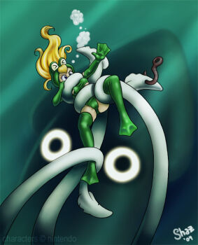 1girl air_bubble animal_costume asphyxiation blonde_hair blooper_(mario) bubble drowning frog_costume helpless imminent_death mario_(series) nintendo peril princess_peach shaxbert signature squid super_mario_bros._3 tentacles underwater watermark