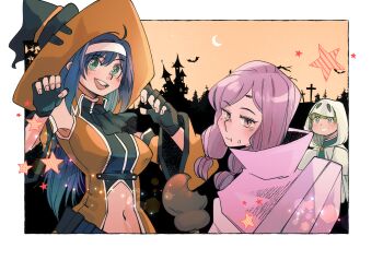 1boy 2girls border charmwitch clothing_cutout commentary crescent_moon english_commentary fingerless_gloves fire_emblem fire_emblem:_path_of_radiance fire_emblem:_radiant_dawn fire_emblem_heroes ghost_costume gloves green_eyes green_hair hairband halloween_costume hat highres ilyana_(fire_emblem) ilyana_(halloween)_(fire_emblem) long_hair mia_(fire_emblem) mia_(halloween)_(fire_emblem) moon multiple_girls navel nintendo official_alternate_costume outside_border purple_eyes purple_hair rolf_(fire_emblem) rolf_(halloween)_(fire_emblem) short_hair stomach_cutout white_border witch witch_hat