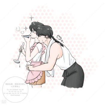 1boy 1girl apron braid braided_ponytail cooking hetero highres holding holding_ladle hug hug_from_behind ladle ranma_1/2 saotome_ranma sucharakapi tendou_akane towel towel_around_neck watermark white_background