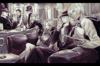 3girls 4boys amuro_tooru breasts chianti_(meitantei_conan) cigarette cleavage coat commentary crossed_legs cup gin_(meitantei_conan) greyscale hat highres holding holding_cup indoors kmk_oc korn_(meitantei_conan) letterboxed looking_at_viewer meitantei_conan mizunashi_rena monochrome multiple_boys multiple_girls ponytail short_hair sitting smile sparkle sunglasses vermouth_(meitantei_conan) vodka_(meitantei_conan)