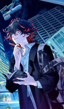 1boy backpack bag black_jacket book buttons commentary_request cowboy_shot dante_alighieri_(fate) dante_alighieri_(over_the_same_sky)_(fate) fate/grand_order fate_(series) fingernails game_cg hair_between_eyes hand_on_own_chin holding holding_book holding_pen jacket long_sleeves medium_hair multicolored_hair night official_art outdoors pants parted_lips pen photo_background red_nails shirahama_kamome shirt shirt_partially_tucked_in third-party_source two-tone_hair white_shirt wing_collar yellow_eyes