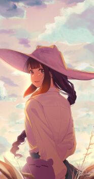 1girl :d arms_behind_back black_hair black_skirt blunt_bangs braid braided_ponytail center-flap_bangs collared_shirt commentary english_commentary from_behind gradient_hair green_skirt hat highres hololive hololive_english long_hair long_sleeves looking_at_viewer looking_back looking_to_the_side low_ponytail mole mole_under_eye multicolored_hair ninomae_ina&#039;nis official_alternate_costume open_mouth orange_hair outdoors ponytail purple_hair revision shirt shirt_tucked_in sidelocks skirt smile solo sun_hat sunset takodachi_(ninomae_ina&#039;nis) takomonty tentacle_hair upper_body virtual_youtuber wheat_field white_hat white_shirt wide_brim