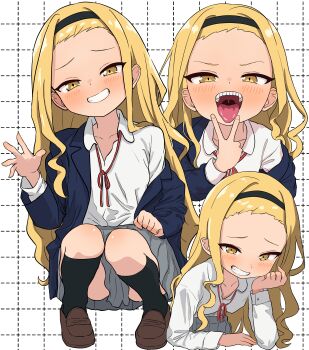 1girl absurdres blonde_hair blush breasts hairband highres jacket kirarazaka_marina loli long_hair mesugaki multiple_views open_mouth school_uniform skirt small_breasts smile takopii_no_genzai teeth tongue tongue_out uvula yellow_eyes yoshikirino