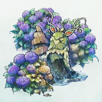 artist_name bush colored_sclera commentary_request flower highres leaf narrowed_eyes nintendo no_humans odo_7ta orange_sclera pokemon pokemon_(creature) pokemon_focus purple_flower rain solo wet white_background white_eyes wo-chien