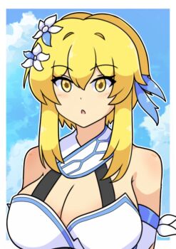 1girl arm_cutout bare_shoulders blonde_hair blue_trim blush breasts clothing_cutout dress feather_hair_ornament feathers flower genshin_impact hair_between_eyes hair_flower hair_ornament highres looking_at_viewer lumine_(genshin_impact) multicolored_flower neferkitty open_mouth romper scarf short_hair white_dress white_flower white_romper white_scarf yellow_eyes