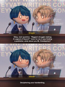 2boys absurdres albedo_(genshin_impact) alternate_costume computer contemporary english_text genshin_impact highres microphone multiple_boys twitter valerieks xingqiu_(genshin_impact)