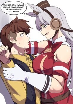 1boy 1girl animal_ears breasts english_text eye_contact gloves gold_ship_(red_strife)_(umamusume) gold_ship_(umamusume) grabbing_another&#039;s_hand height_difference highres hinghoi horse_ears horse_girl large_breasts lollipop_in_mouth long_hair looking_at_another male_focus open_mouth red_eyes shirt smile speech_bubble sweat trainer_(umamusume) umamusume upper_body white_gloves yellow_shirt