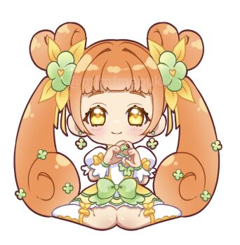 1girl artist_request blunt_bangs border bow brooch chibi choker closed_mouth clover_earrings clover_hair_ornament cure_rosetta curly_hair dokidoki!_precure dress eyelashes flower footwear_bow four-leaf_clover_earrings four-leaf_clover_hair_ornament frilled_choker frilled_dress frilled_sleeves frills green_bow green_choker green_flower hair_flower hair_intakes hair_ornament hair_ribbon heart heart_brooch highres jewelry knees leaf light_blush long_hair looking_at_viewer orange_hair precure puffy_short_sleeves puffy_sleeves ribbon short_dress short_sleeves simple_background sitting smile solo source_request straight-on tareme third-party_source twitter_username two-tone_dress very_long_hair waist_bow wariza watermark white_background white_border white_dress white_wrist_cuffs wrist_bow wrist_cuffs yellow_bow yellow_dress yellow_eyes yellow_ribbon yotsuba_alice